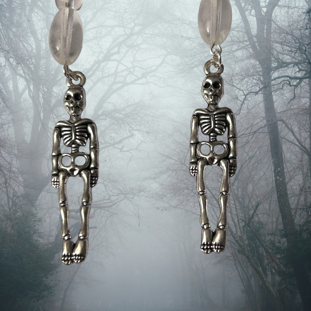 Hand Crafted Skeleton Earrings Glow Beads Long Duster Halloween Pierced - Picture 3 of 6